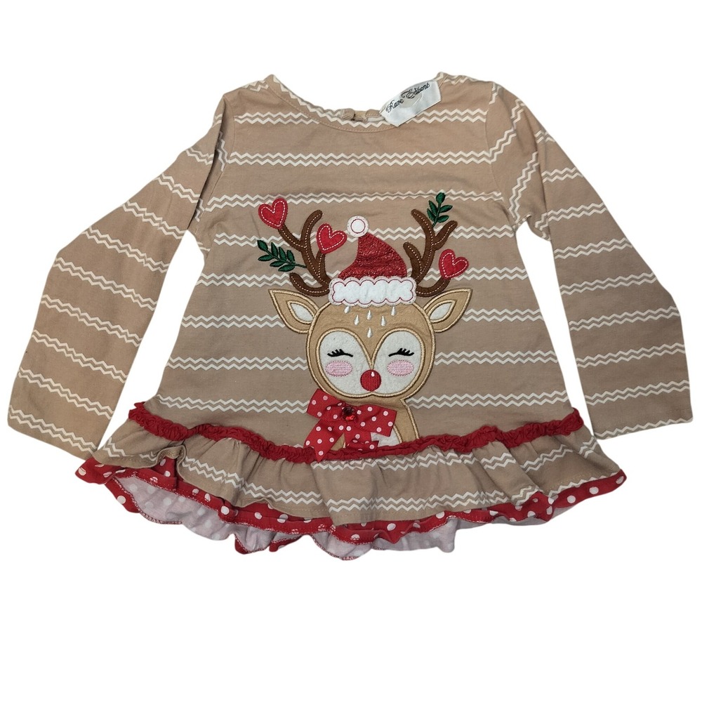 Rare Editions Girls Long Sleeve Reindeer Christmas Shirt Tunic Ruffle Size 4